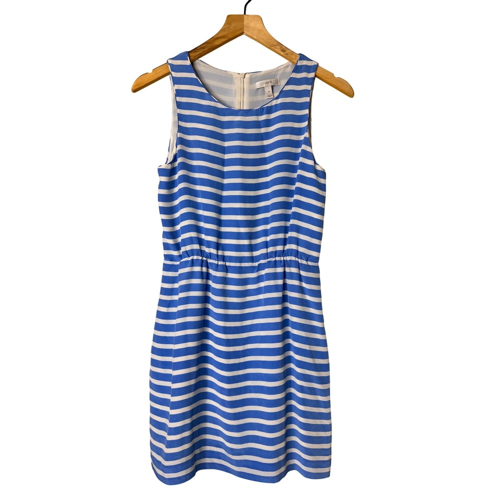 J.Crewโ Blue White Striped 100% Silk Sleeveless Elastic Waist Dress 96298 Size 4